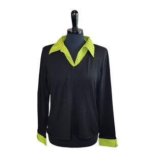 Notations Sweater Collared V Neck Black Green Polka Dot Trim 2000 Y2K